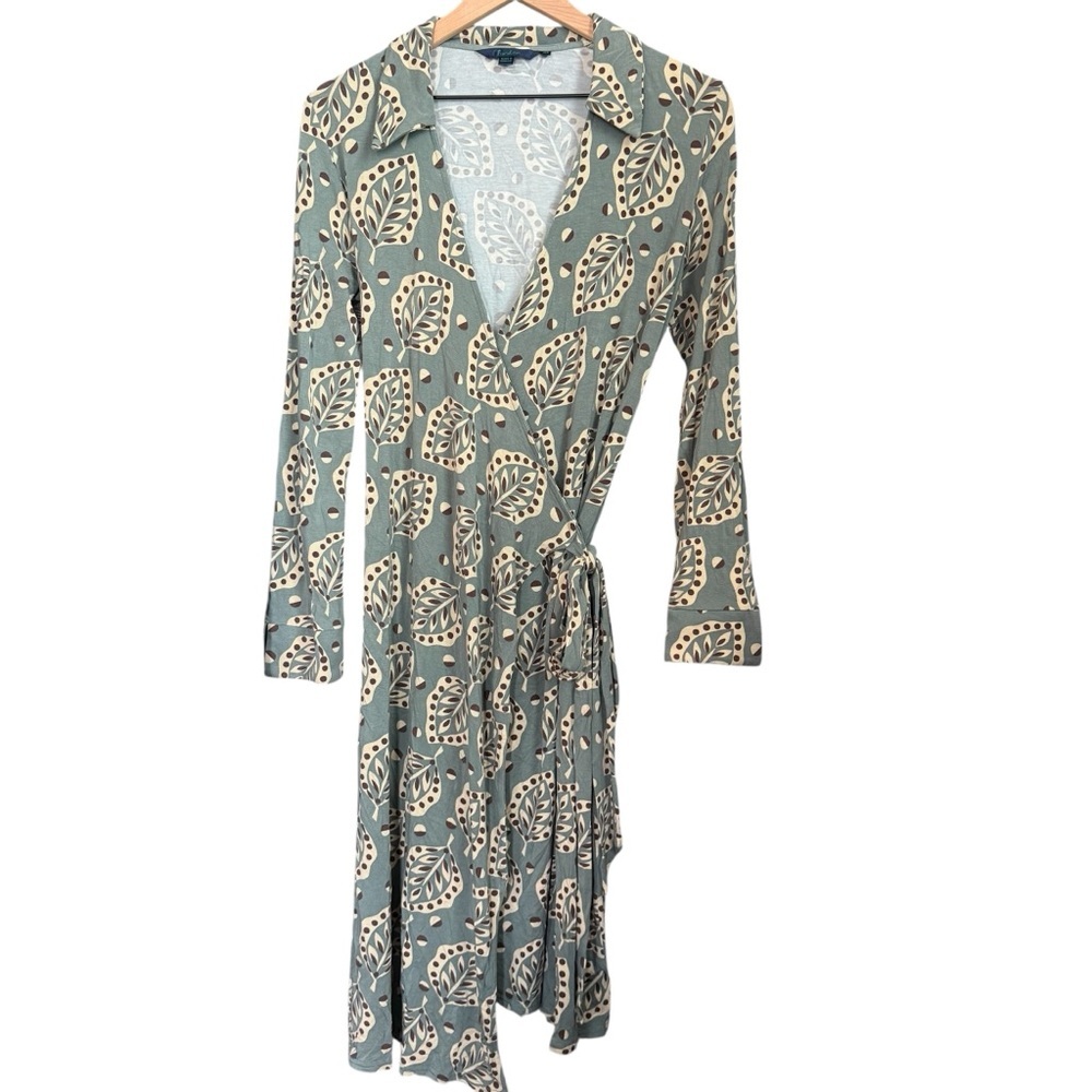 Boden Sage Wrap Dress with Brown and Cream Leaves